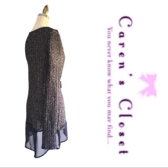 Lush Taupe & Black Knit Sweater with Attached Chiffon Shirt Hem Top. - Picture 5 of 7